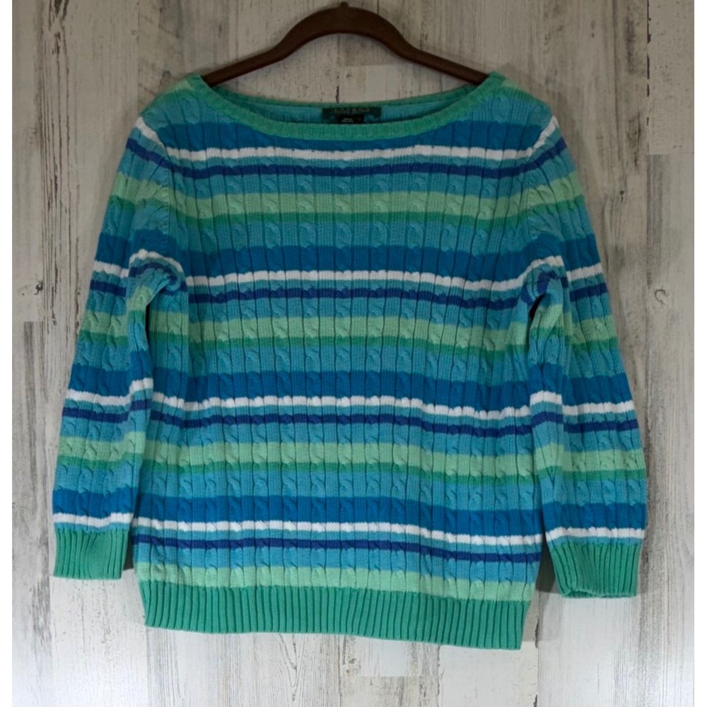LRL Lauren Ralph Lauren Sweater Large Blue Green Striped Cable Knit Preppy READ